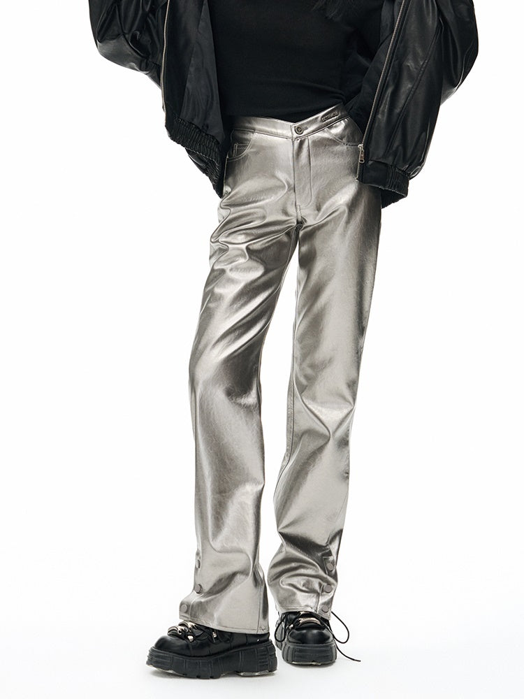 V-shaped High Waist Metallic Leather Pants