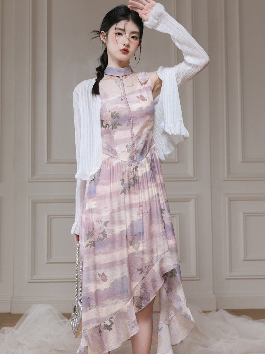 Braided Rose &amp; Butterfly Print Sleeveless Irregular Hem Dress