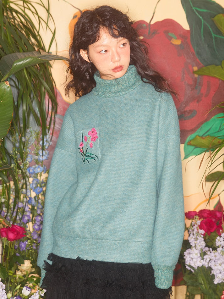 Butterfly Orchid Embroidery High-neck Sweater