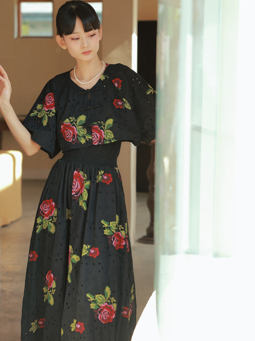 Red Peony Embroidery IMPROVED ONE-PIECE