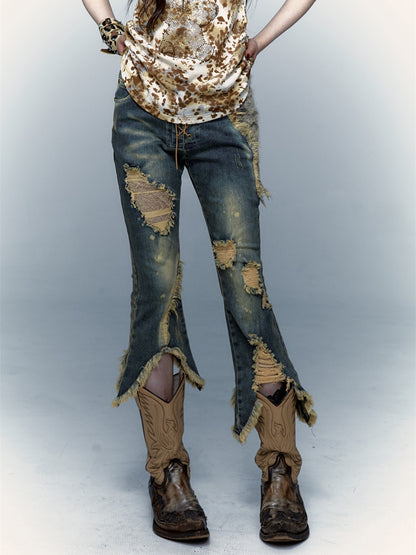 Patchwork Lace Ripped Washed Distressed Cropped Flared Denim Pants