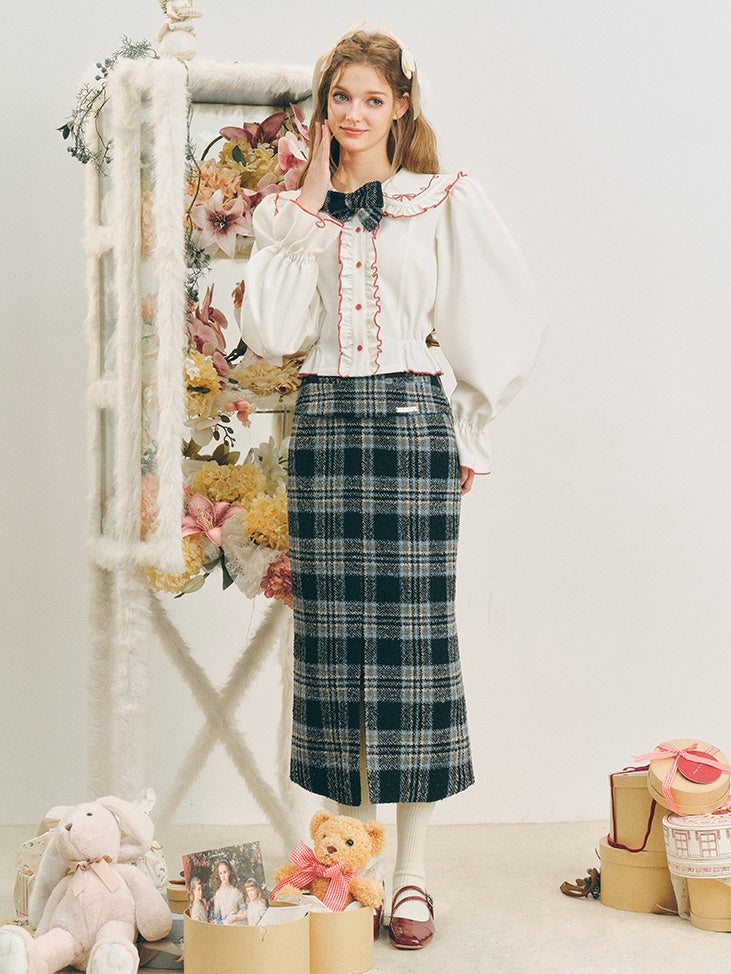 Checked I-Line Slit Mid-Length Skirt &amp; Ribbon