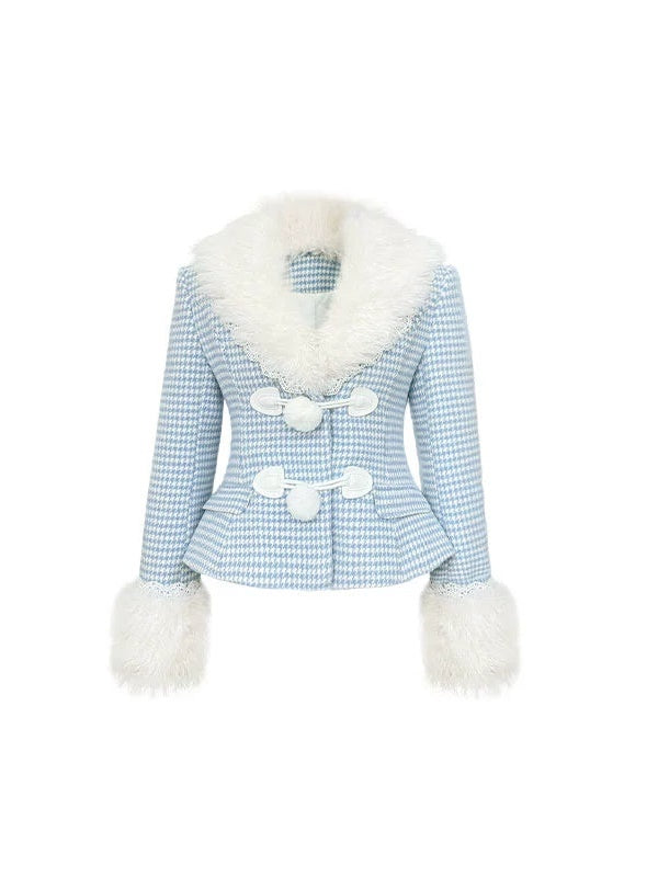 Plaid Lace Fur Collar Waisted Quilted Jacket ＆ Skirt