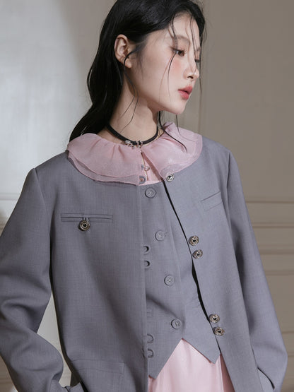 Chinese Style No-Collar Jacket ＆ Vest ＆ Pleated Skirt Set-up