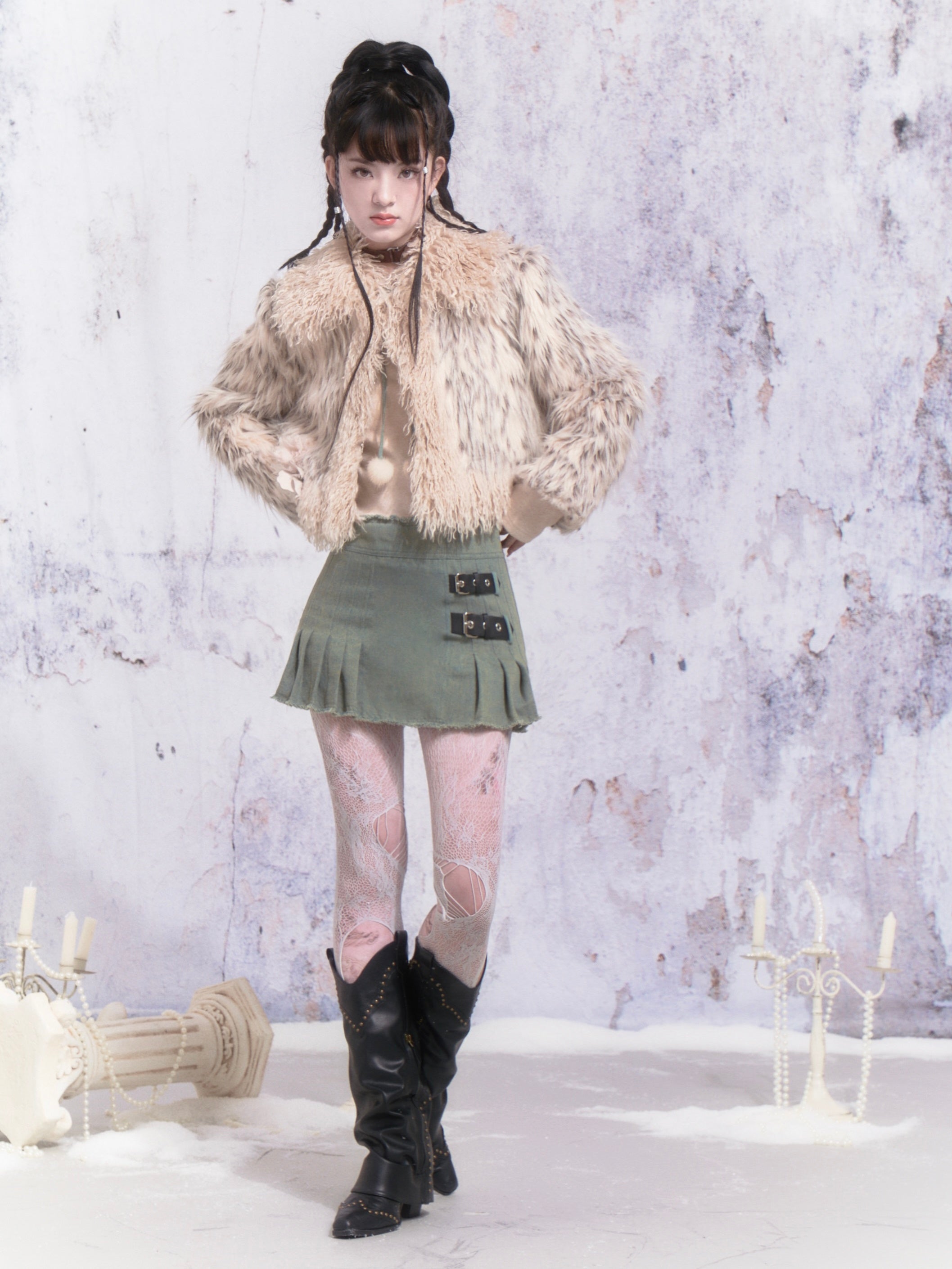 Flower Accent Stitching Fur Short Coat