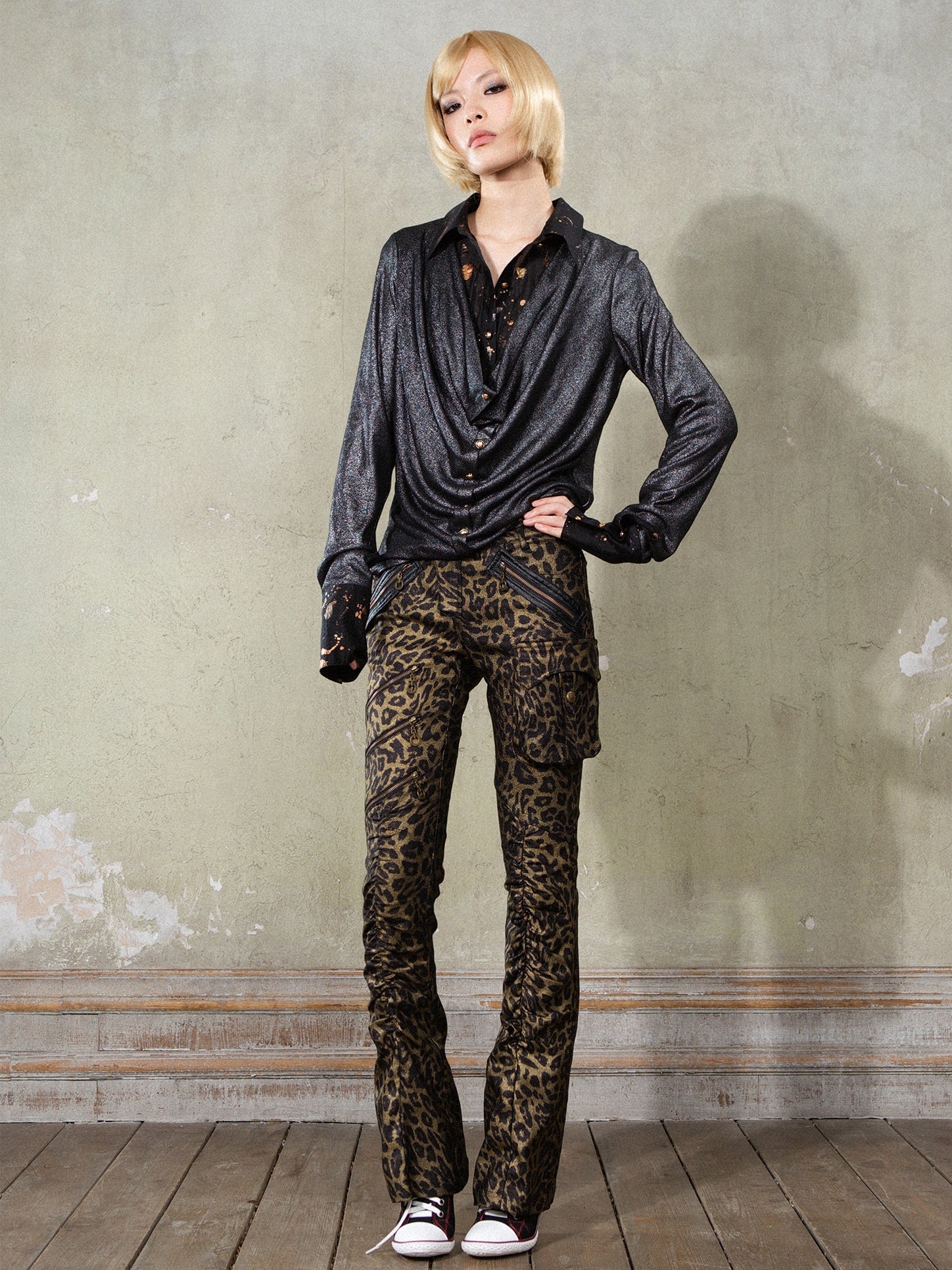 Leopard Print Punk Texture Low-waist Shirring Flared Pants