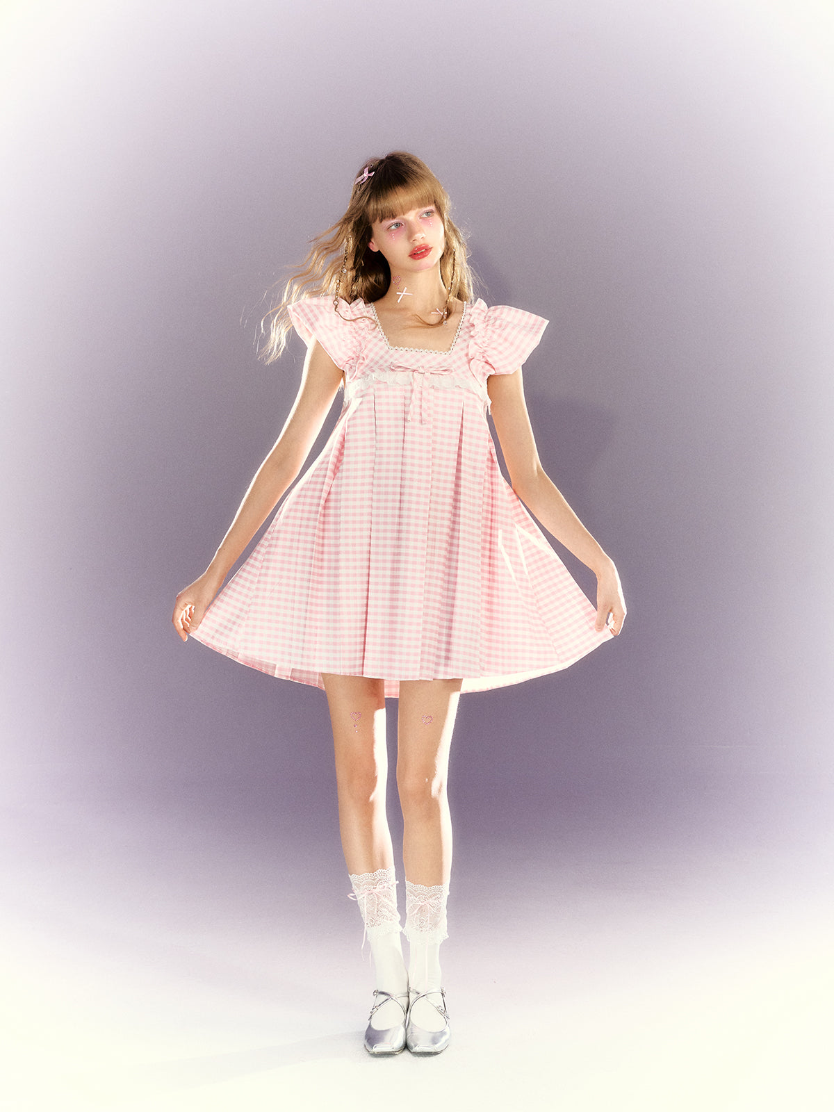 Plaid Bow Lace Square Collar Babydoll Dress