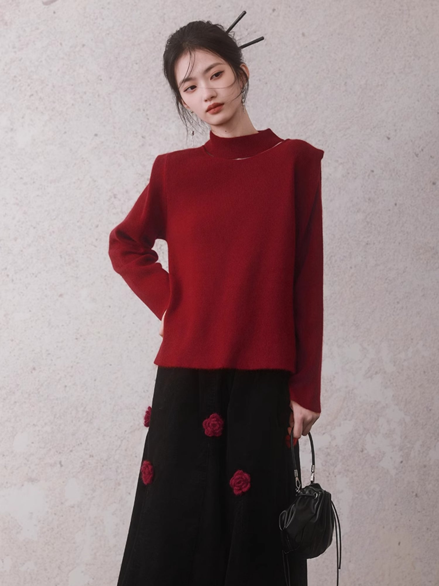 Cutout Design Bottle-Neck Knitted Sweater