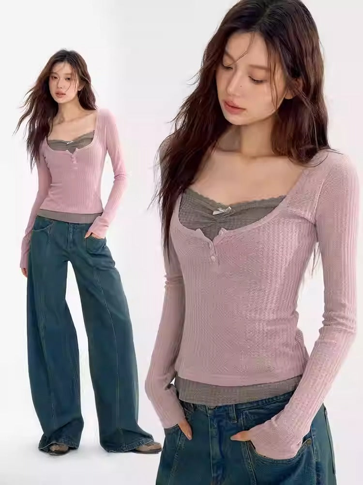 Fake-Layered Slim Stretch Ribbon Bi-Color Knit