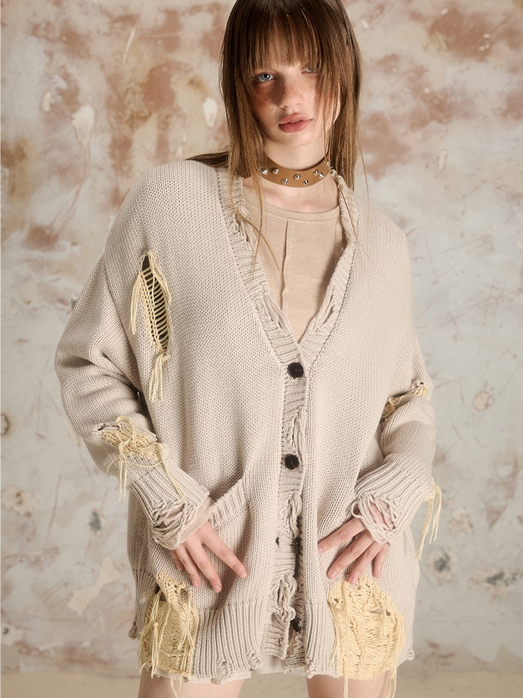 Ripped Long-sleeved V-neck Knitted Cardigan