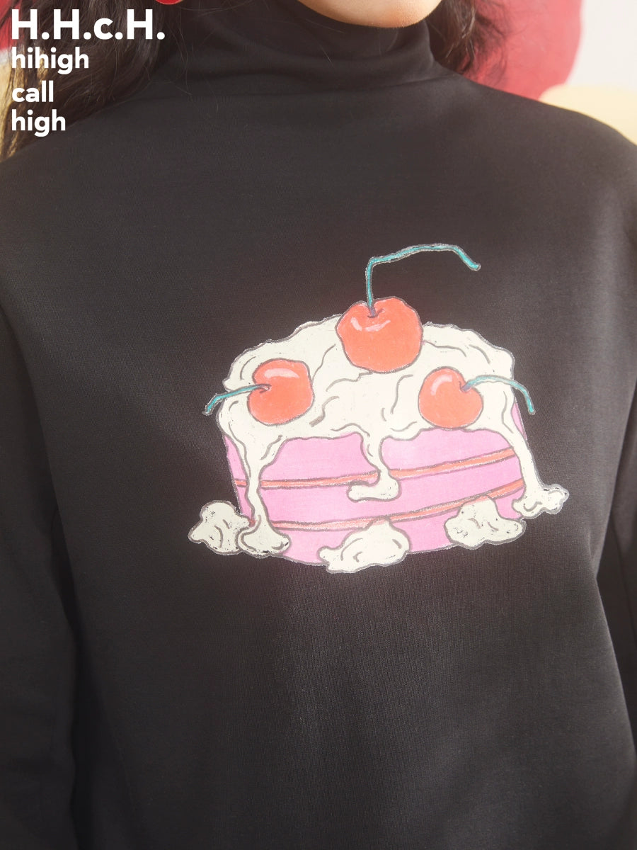 Cherry Cream Cake Print Turtleneck Bottoming Shirt