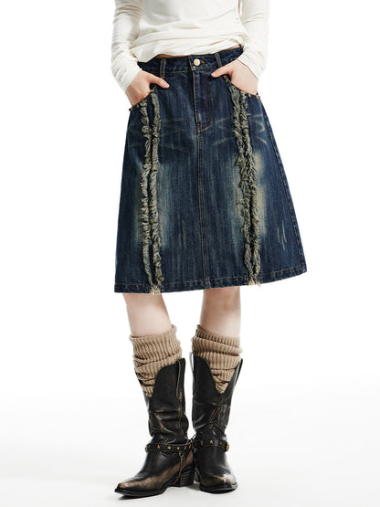 Distressed Washed Denim A-line Mid-length Skirt