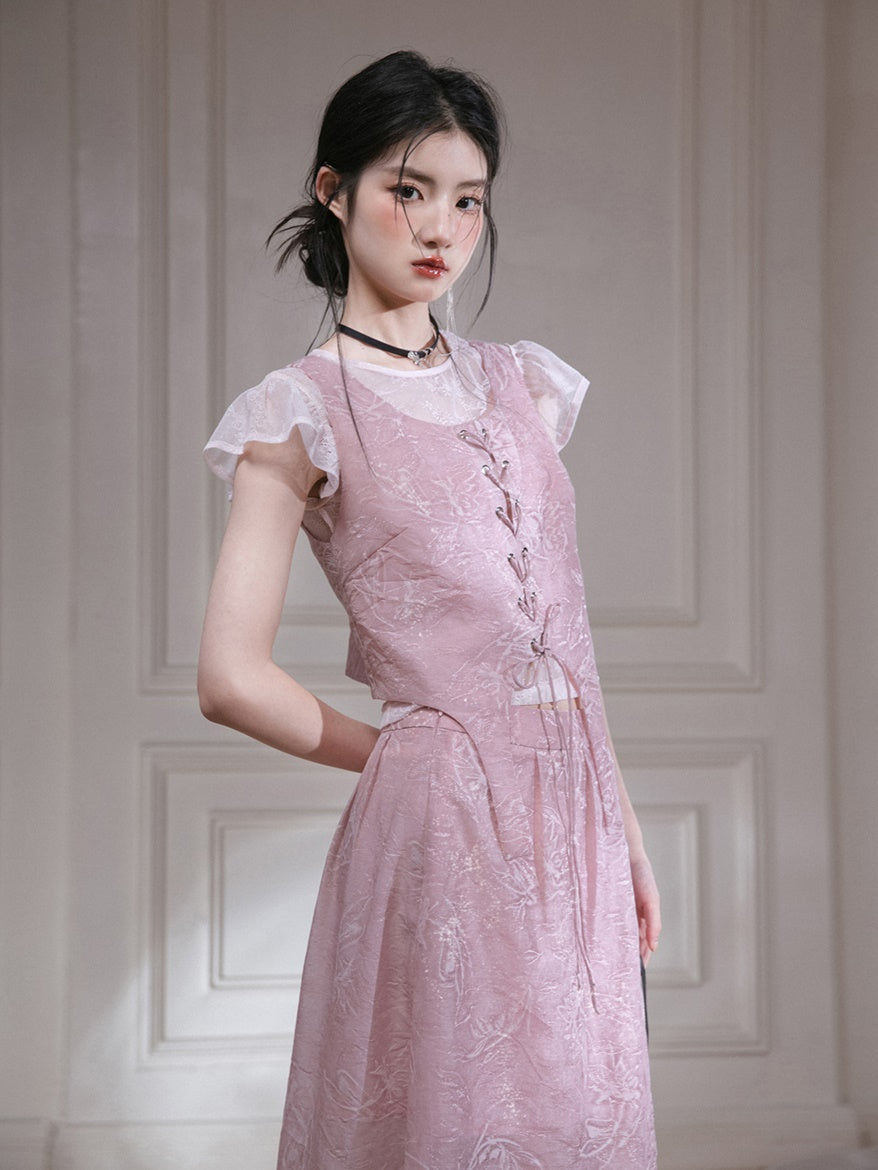 Small Flying Sleeve T-Shirt ＆ Embossed Lace-Up Vest Setup ＆ Long Skirt