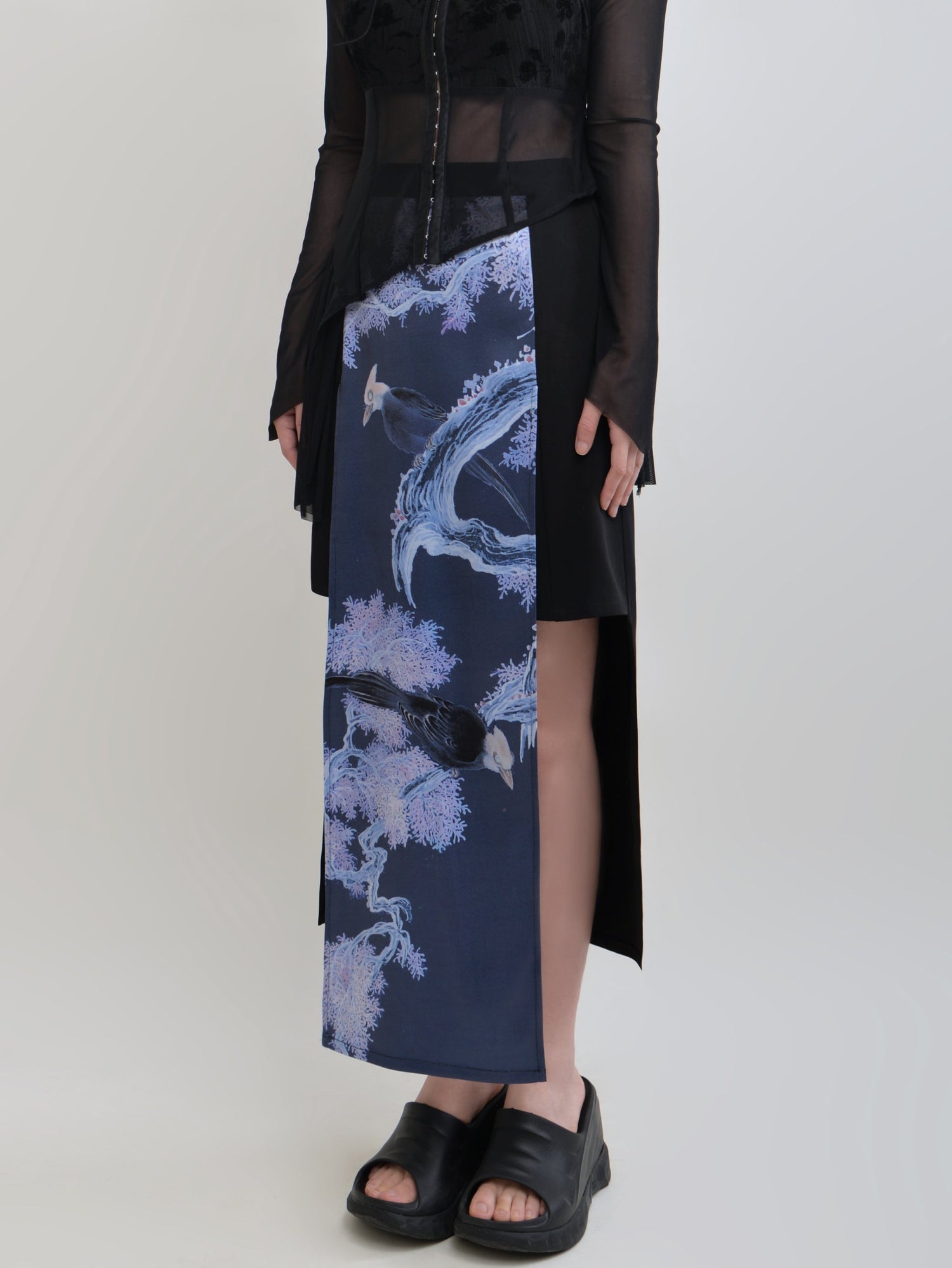 Chinese Style Printed Stitching High Waist Skirt