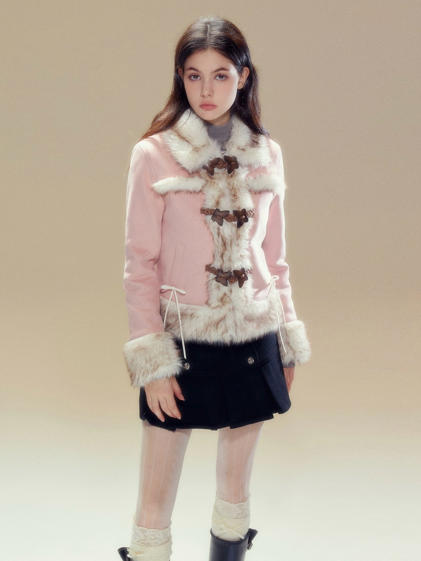 Suede Touch Butterfly Buckle Fur Plush Jacket &amp; Pleated Skirt