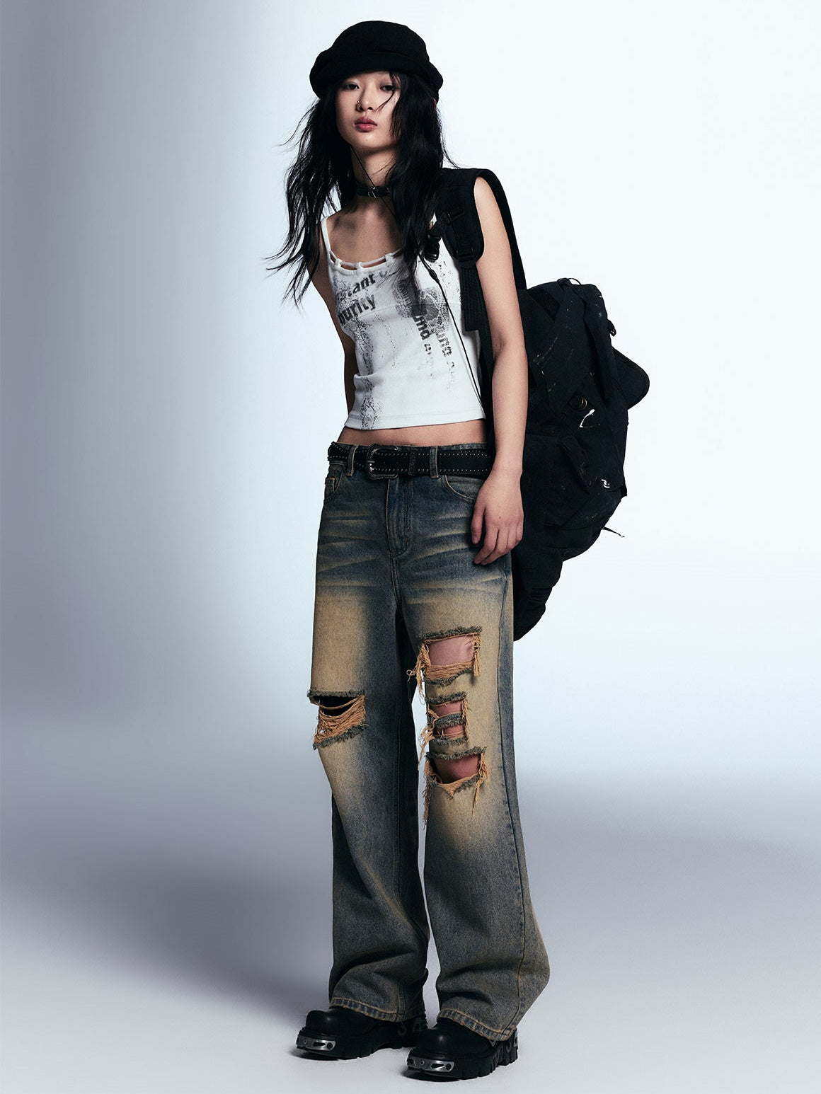 Distressed Ripped Raw Edge Loose Straight Jeans