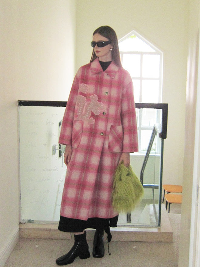 Dragon Embroidery Bloc-Checked Girly Wool Long-Coat