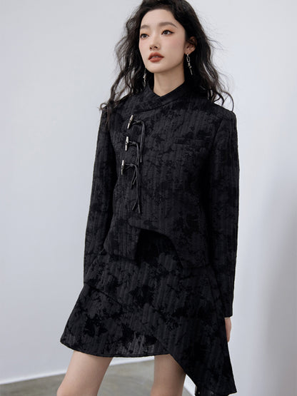 Flocking Chinese Button Asymmetry Jacket ＆ Skirt