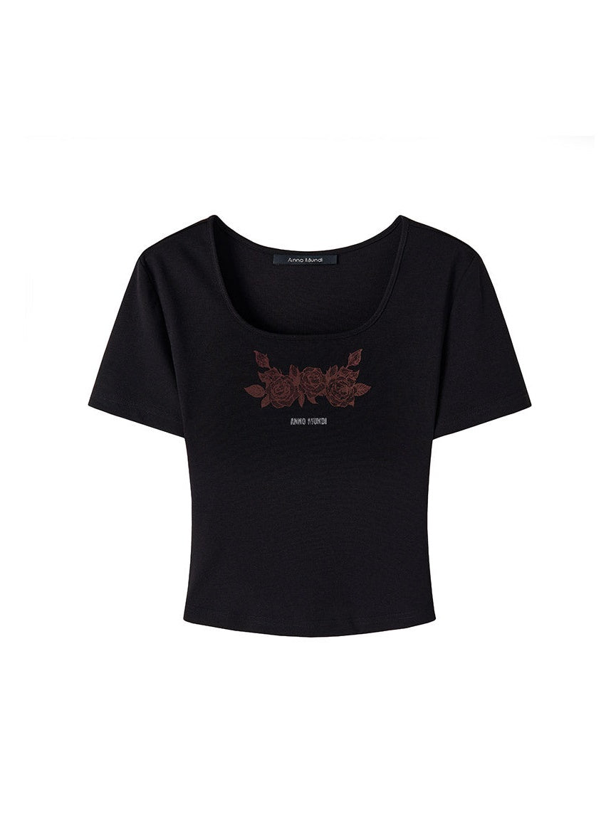 Lace Rose Print Short-Sleeed T-Shirt