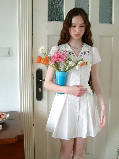 Flower Embroidery Waisted A-Line Shirt One-piece