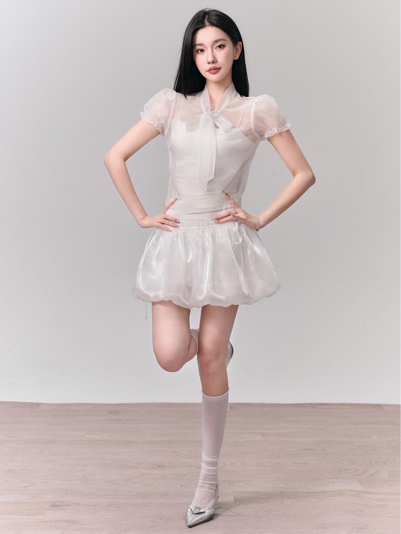 See-through Puff Sleeve Shirt &amp; Bud Skirt