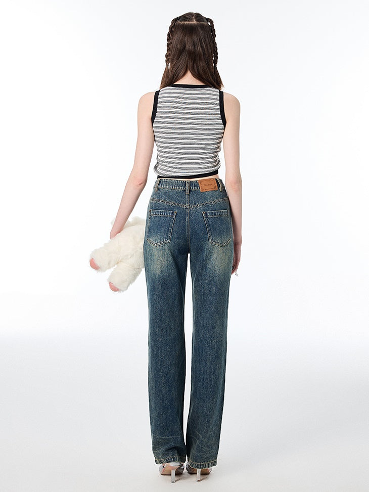 Diagonal -Placket Jeans gewaschene Jeans