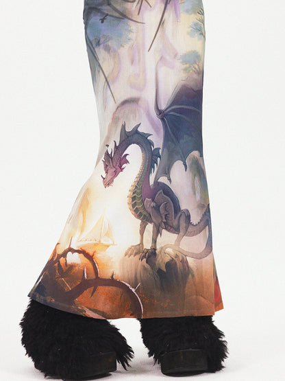 Dragon Print Meerjungfrau Langes Slip -Kleid