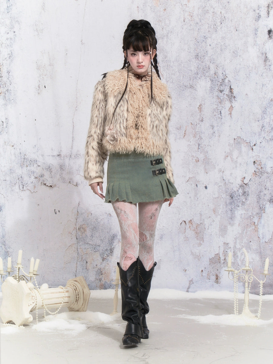 Flower Accent Stitching Fur Short Coat