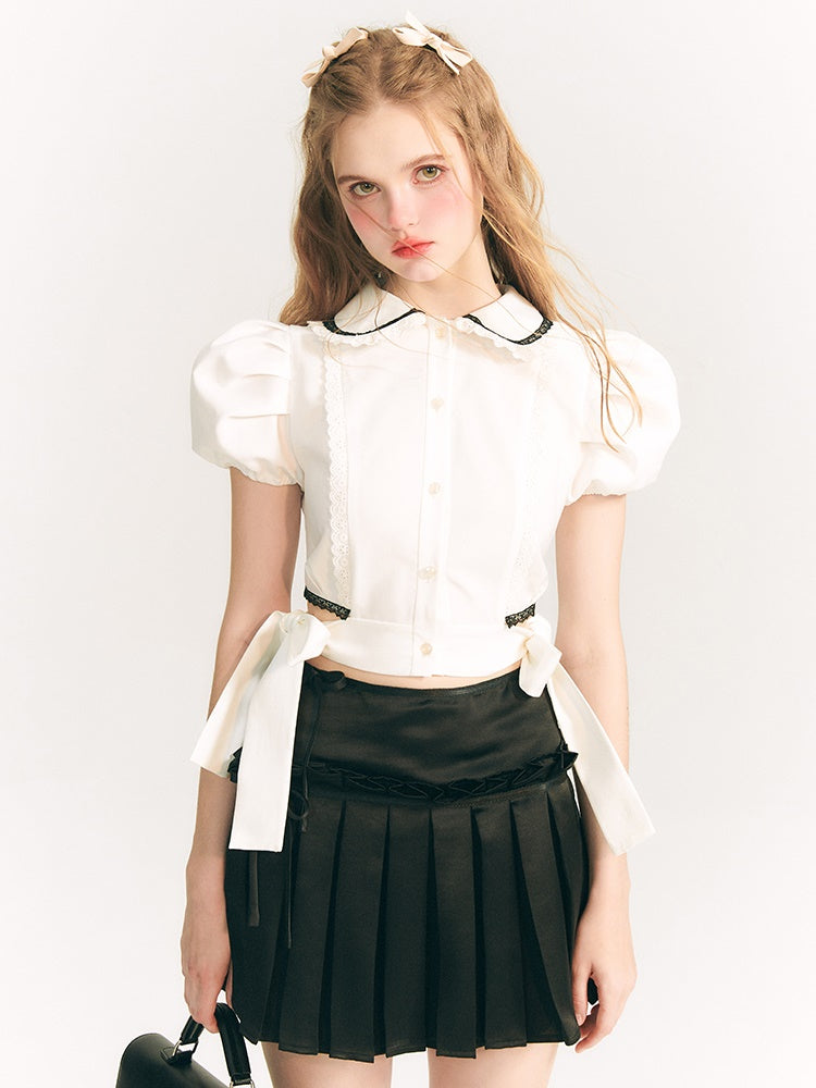 Side Ribbon Doll Collar Puff Sleeve Shirt