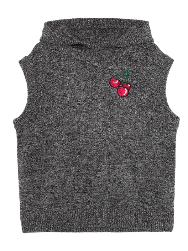 Cherry Embroidered Hooded Knitted Vest