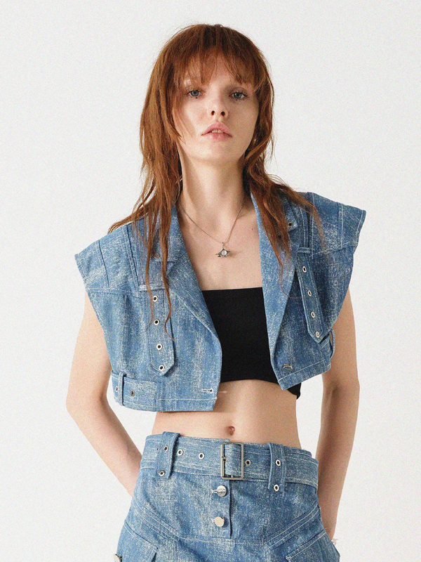 Denim Cropped Wide Vest &amp; MIni Skirt