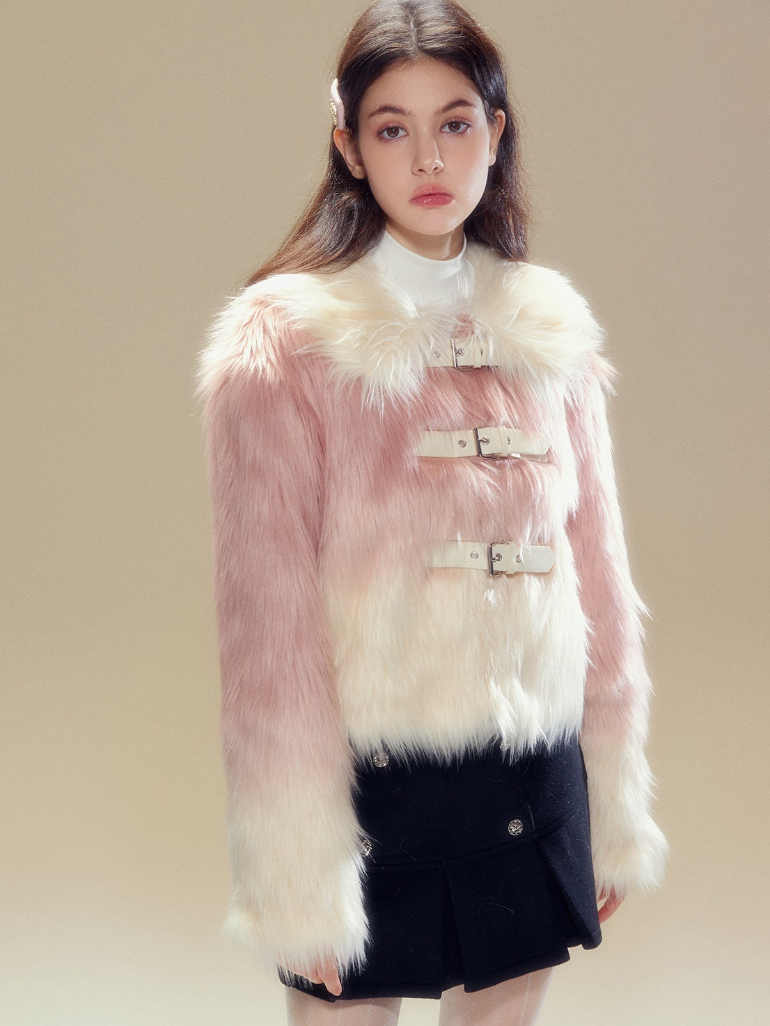 Gradient Long Hair Leather Buckle Friendly Fur Jacket