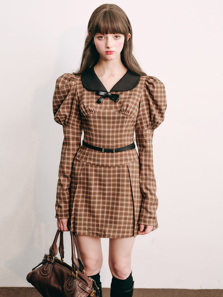 Plaid Retro Bubble Sleeve Kleid