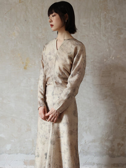 V-neck Long-sleeved Printing And Dyeing Dress