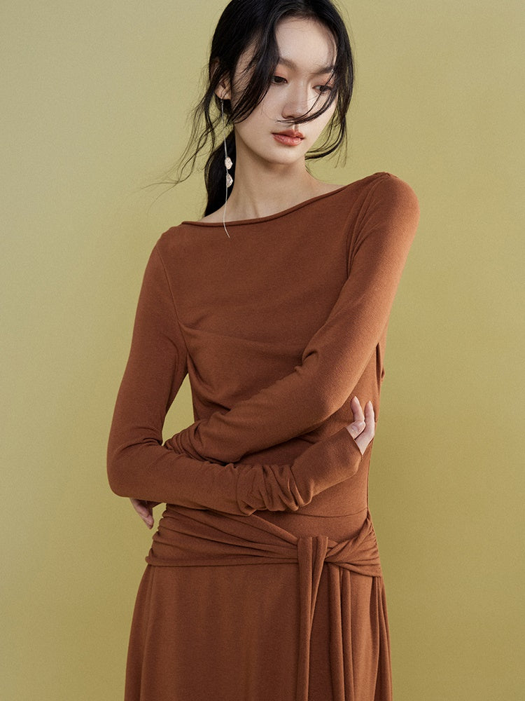 Loose Pleated Waist Ribbon Knit Dress