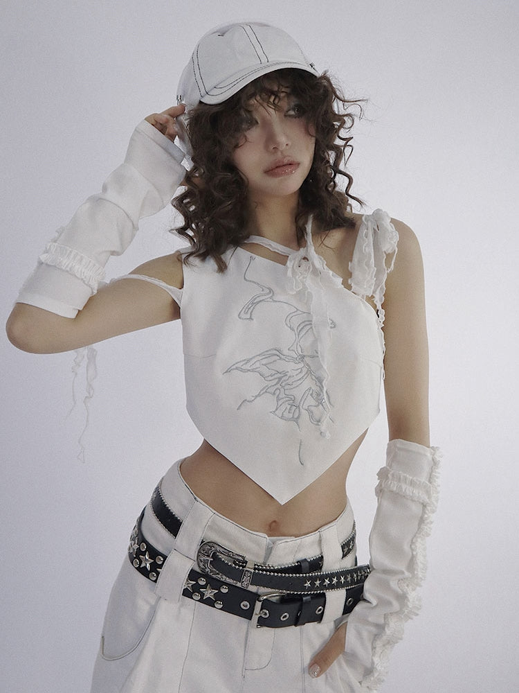 Embroidery Ruffle Asymmetry Nichi Tops