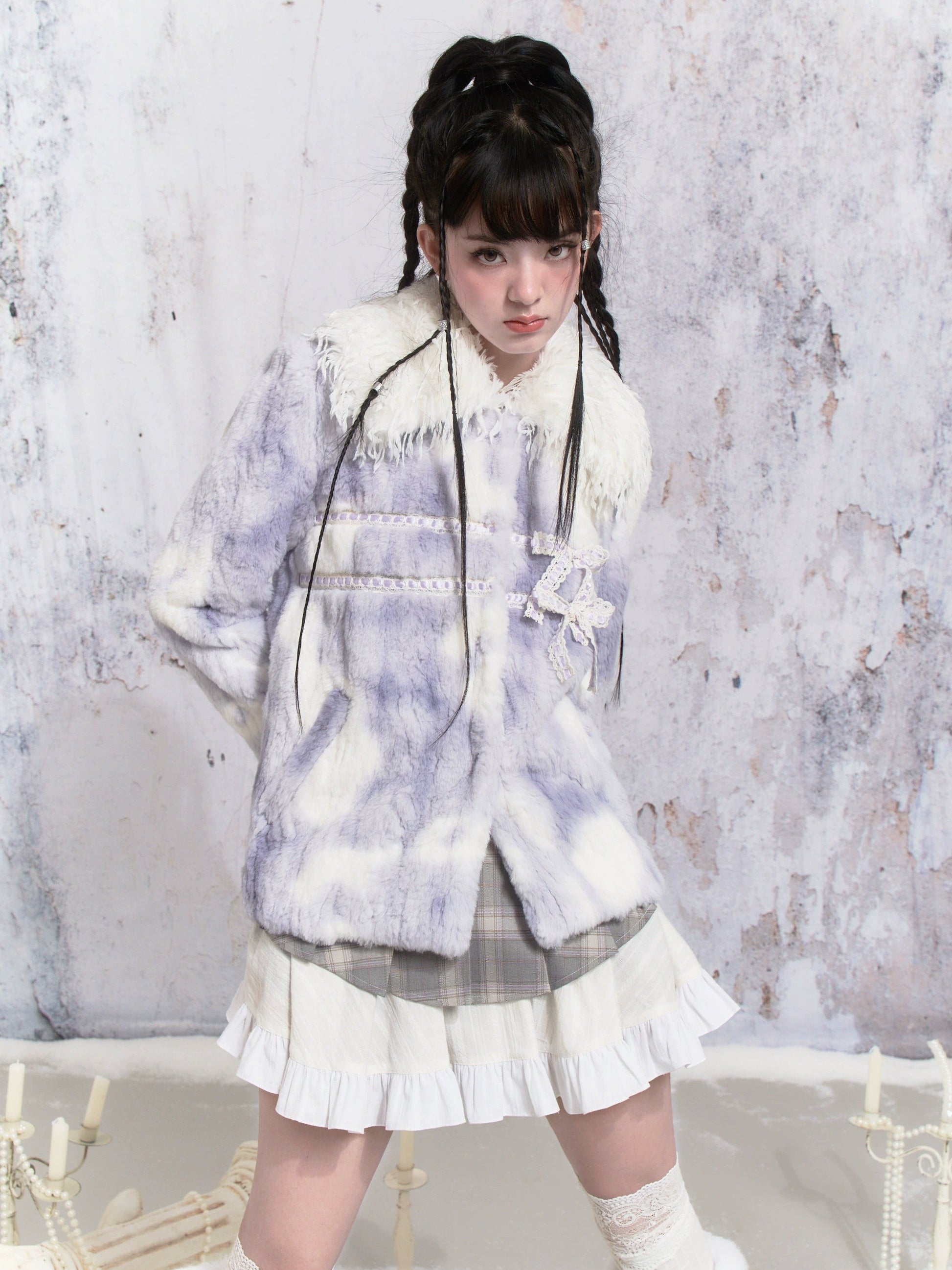 Ribbon Tie-dye Stitching Fur Jacket