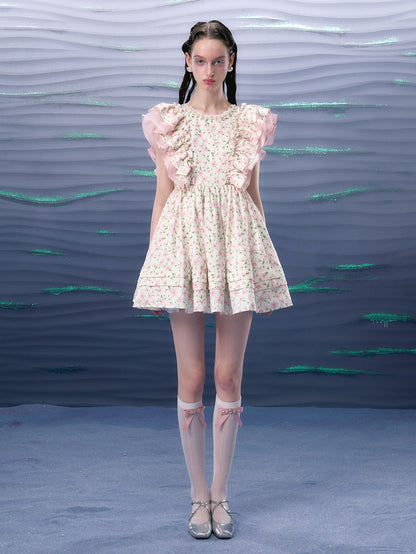 Flower Double-layer Ruffles Flying Sleeve Fluffy Dress