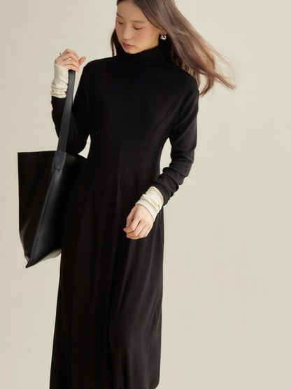 Color-blocked High Collar Knitted Long One-piece