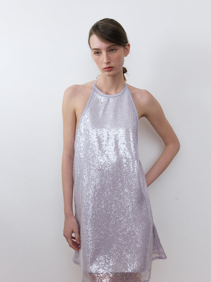 Pearlescent Three-dimensional Sequin Halter Neck Dress