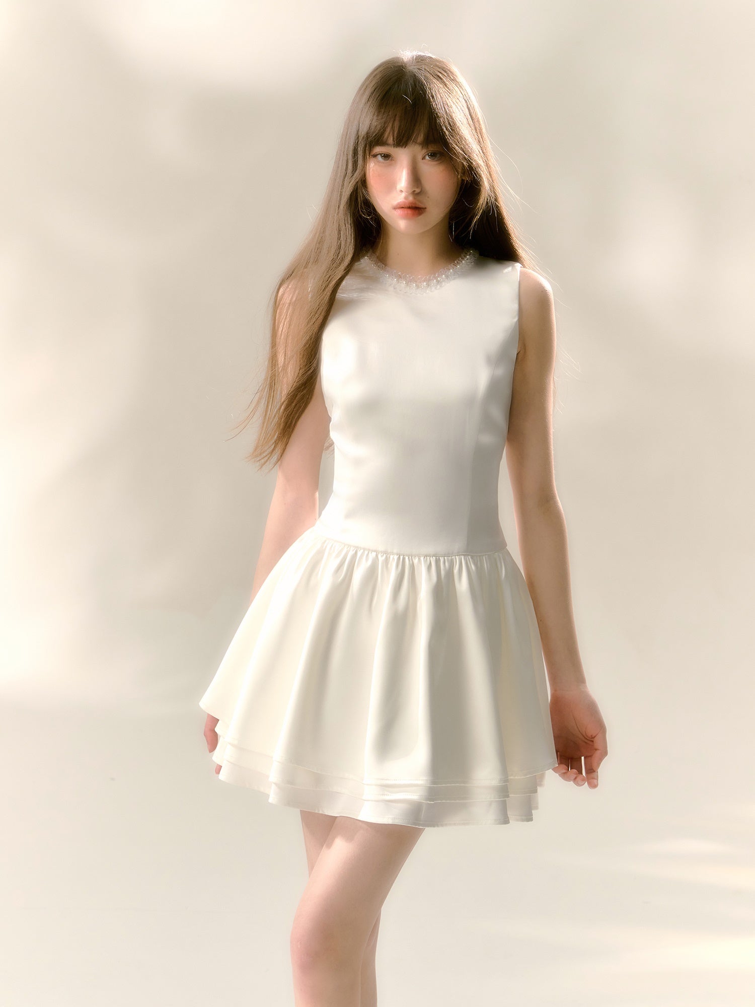 Pearl Collar Three-layer Sleeveless Dress