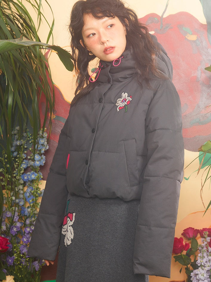 Cherry Blossom Embroidered Stand Collar Hooded Short Coat