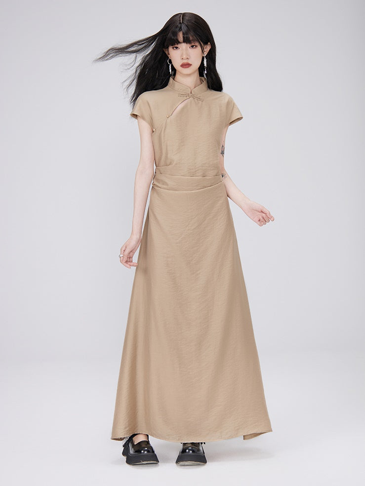 Chinese-Style Shirred Long Dress