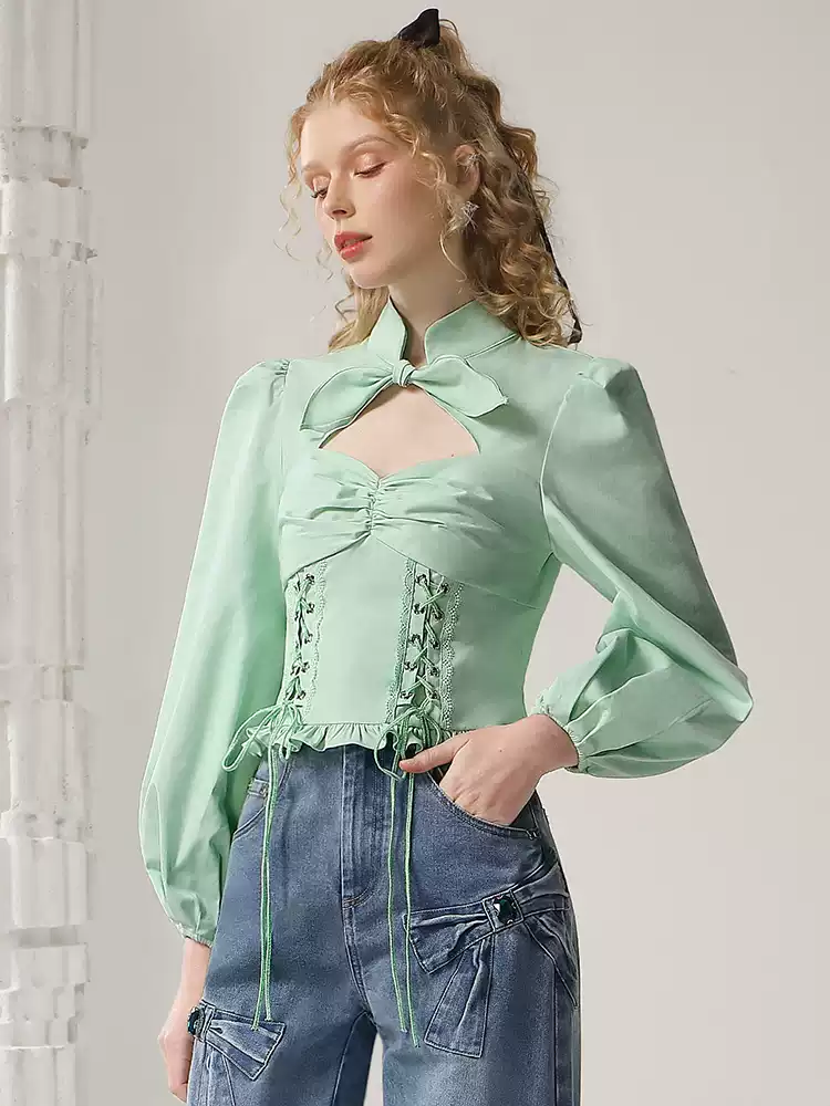 Front-Cut Balloon-Sleeve Lace-Up Bustier Mao-Collar Blouse