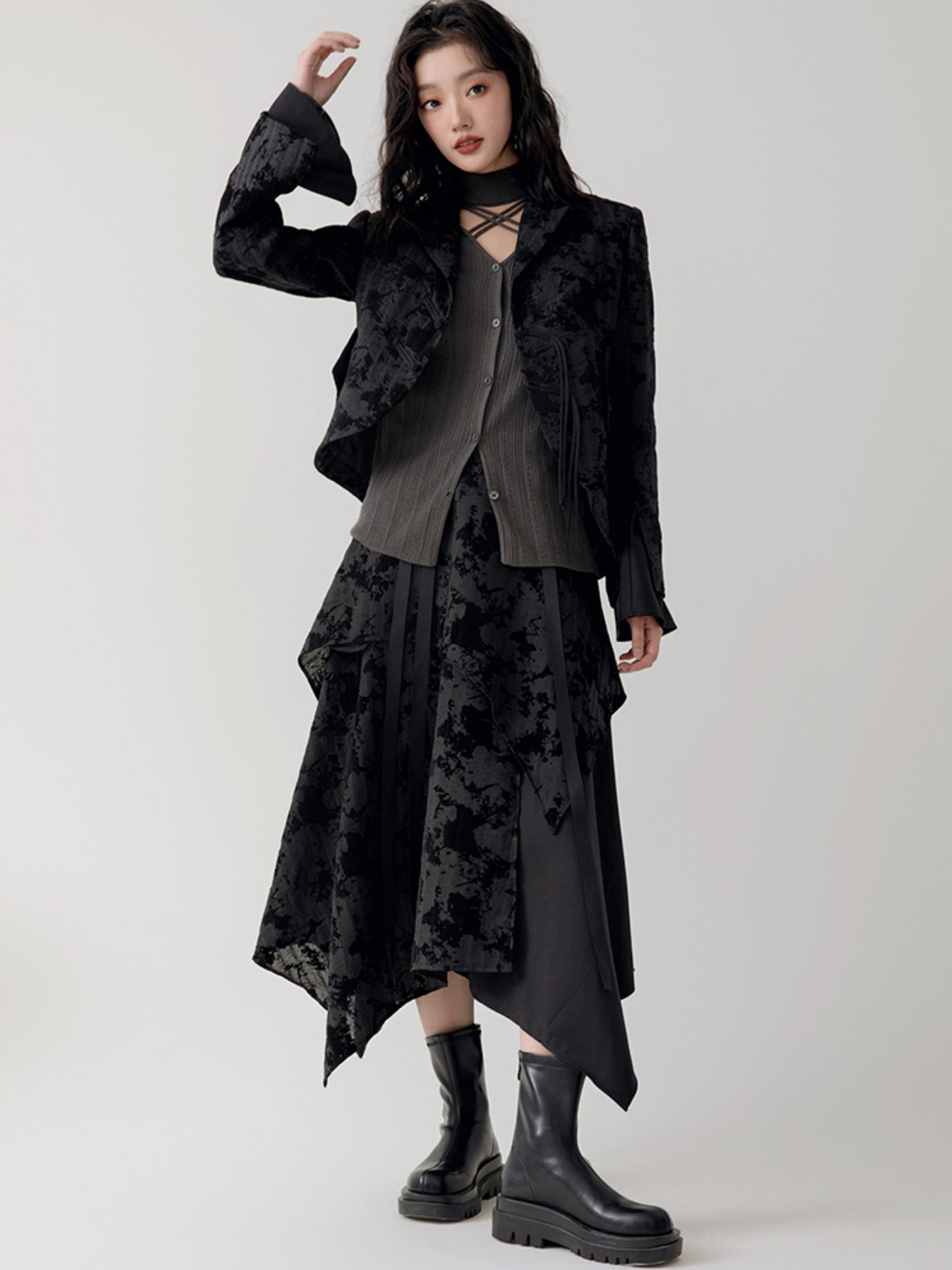 Chinese Style Flare Sleeve Jacket ＆ Asymmetrical Skirt