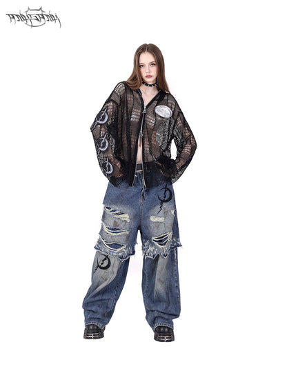 Rivet Punk Hooded Mesh Patch Patch Broidered Veste