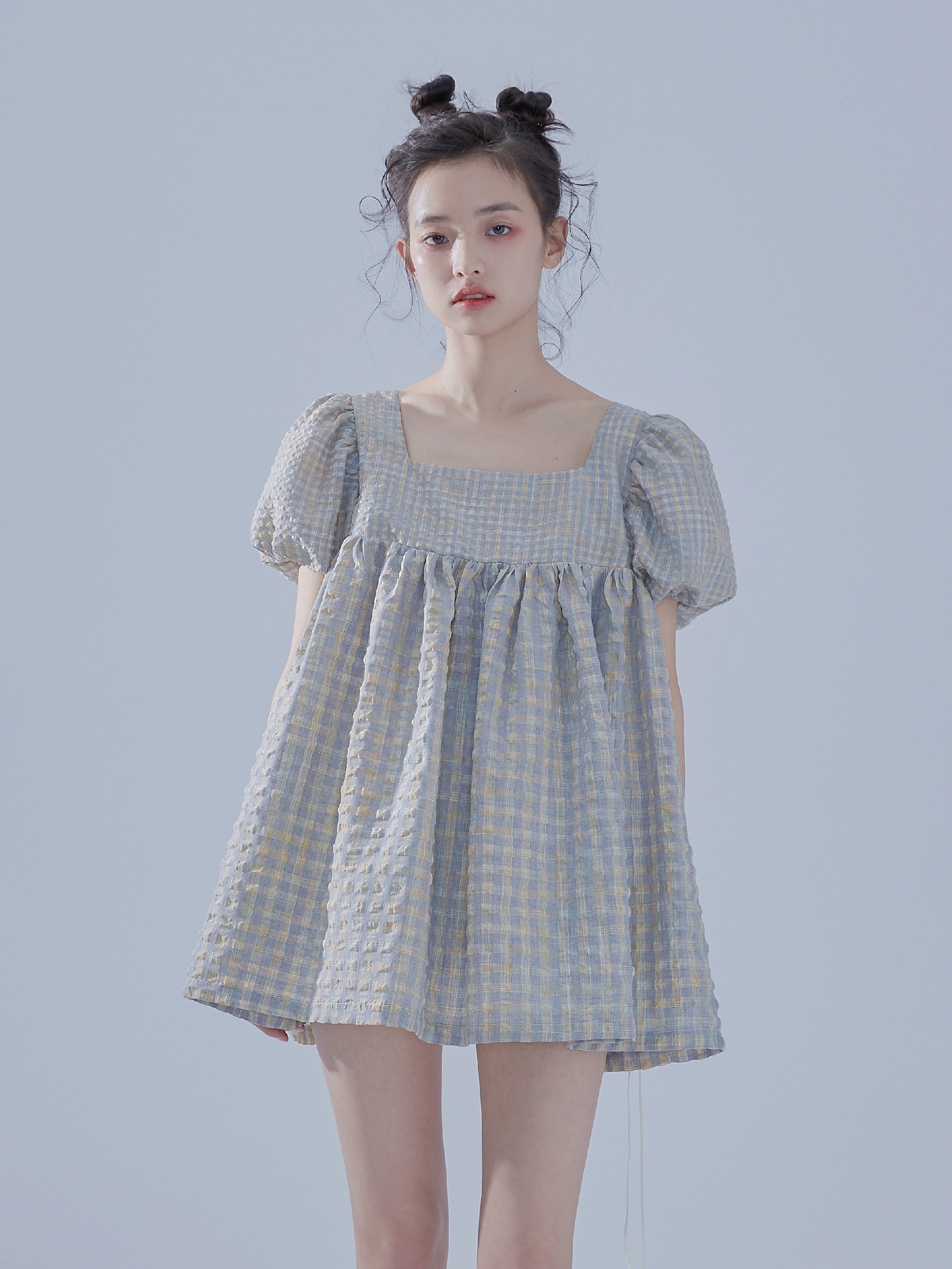 Plaid Puff Sleeve Square Collar Puffy Baby Doll One-piece