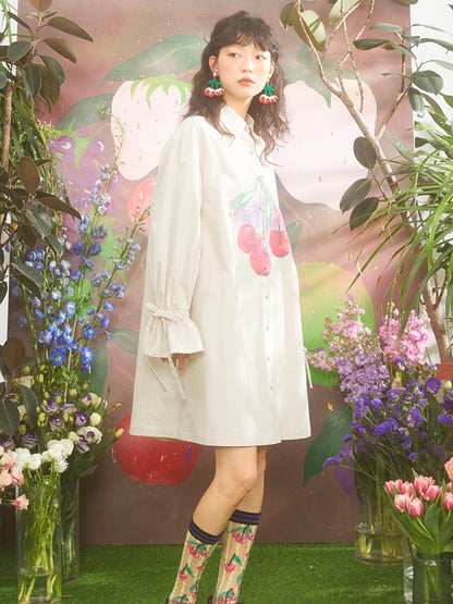 Romantic Gradient Oil Painting Cherry Print Shirt Dress