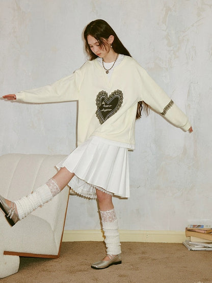 Fake Two-piece Lace Love Print Loose Sweat