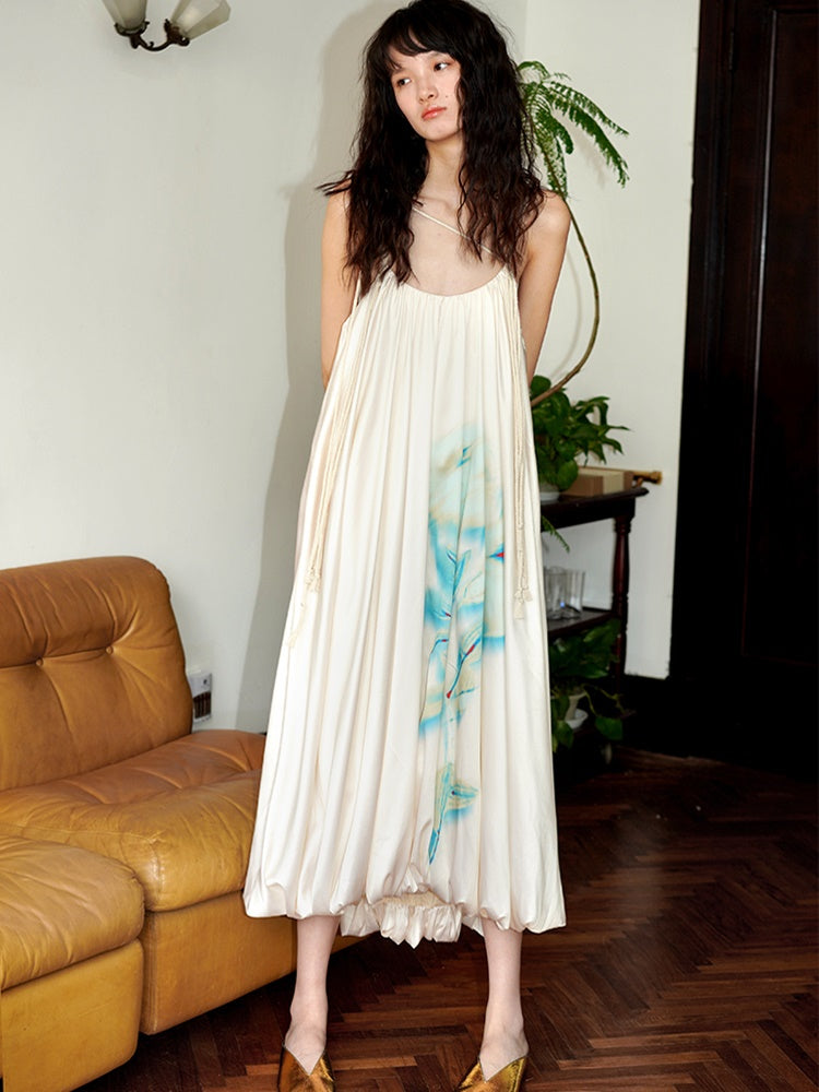 Chinese Print Loose Lantern Long Dress